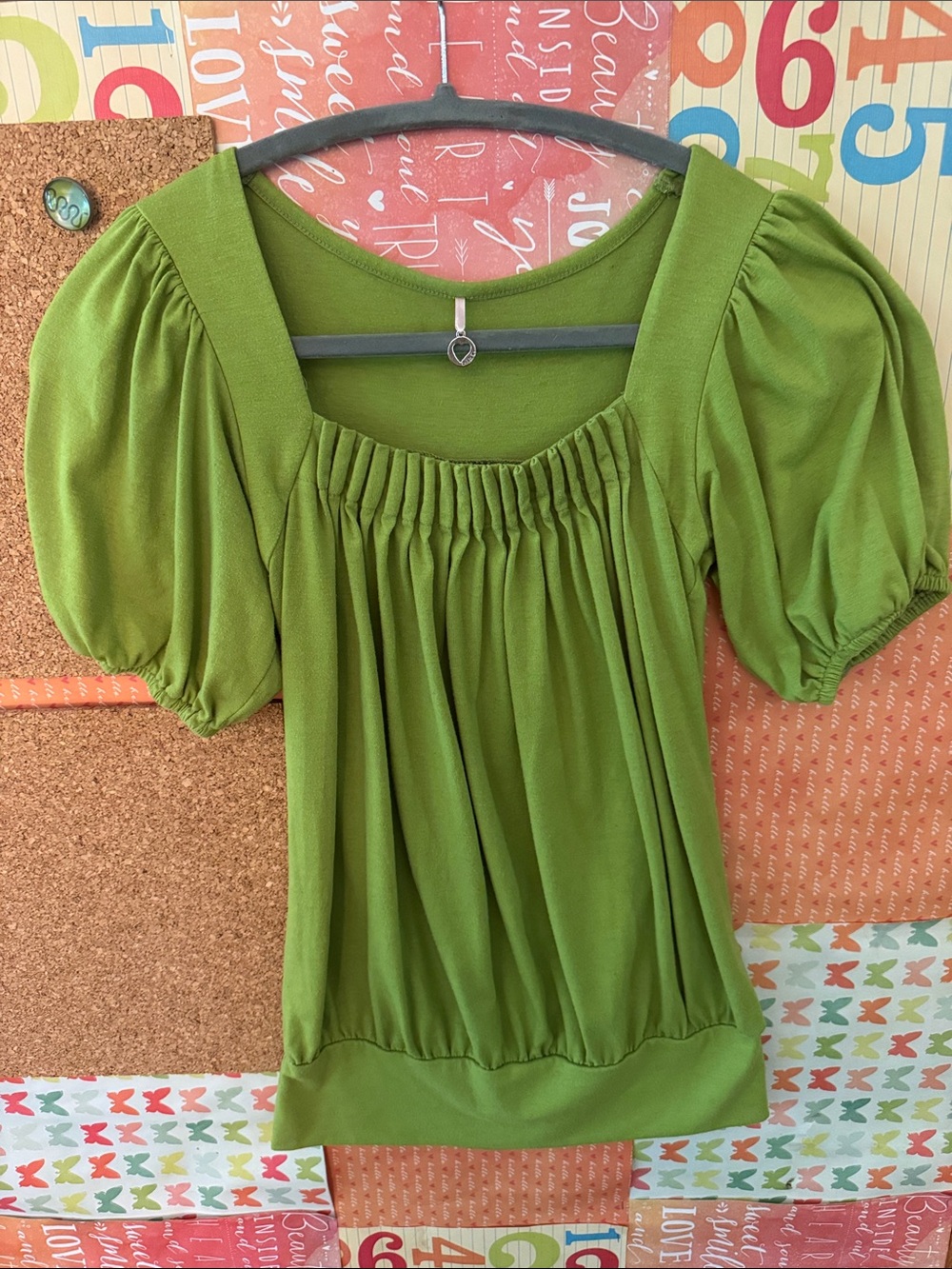 Vintage Green Puff-Sleeve Square Neck Blouse
